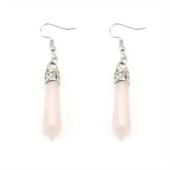 Rose Quartz Natural Stone Gemstone Hexagon Point Healing Stone Dangle Earrings - Picture 3 of 3